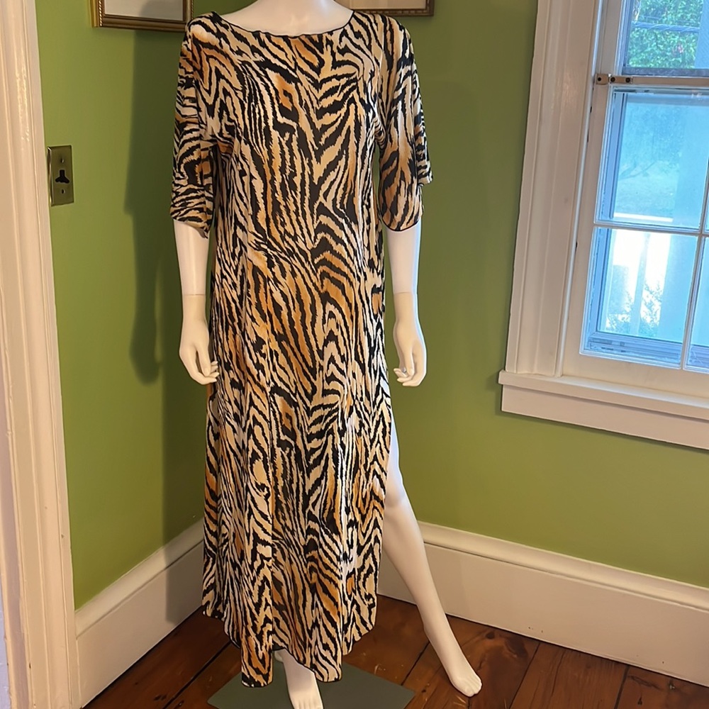 tiger print vintage 80s Lucie Ann nylon caftan